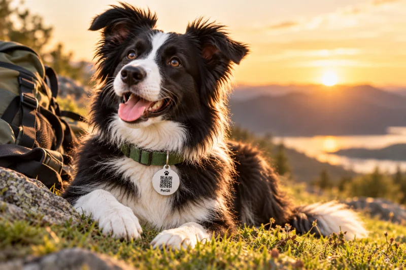 Border Collie con chapita PetQR junto a una mochila, frente a las montañas al atardecer