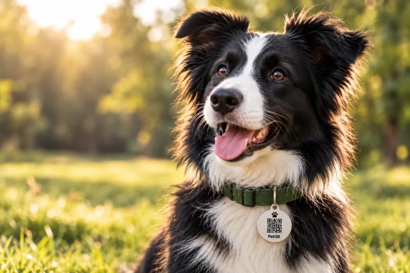 Border Collie blanco y negro con collar verde y chapita PetQR en un parque