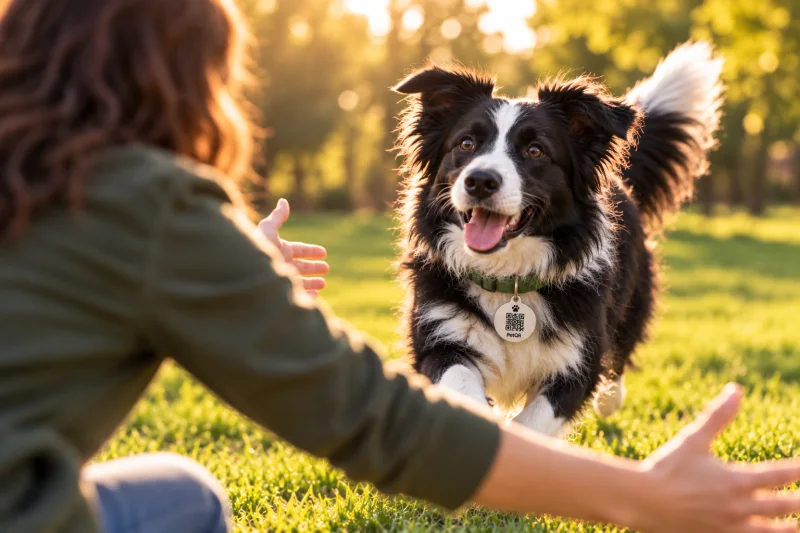 Un Border Collie corre hacia los brazos abiertos de su familia en un parque