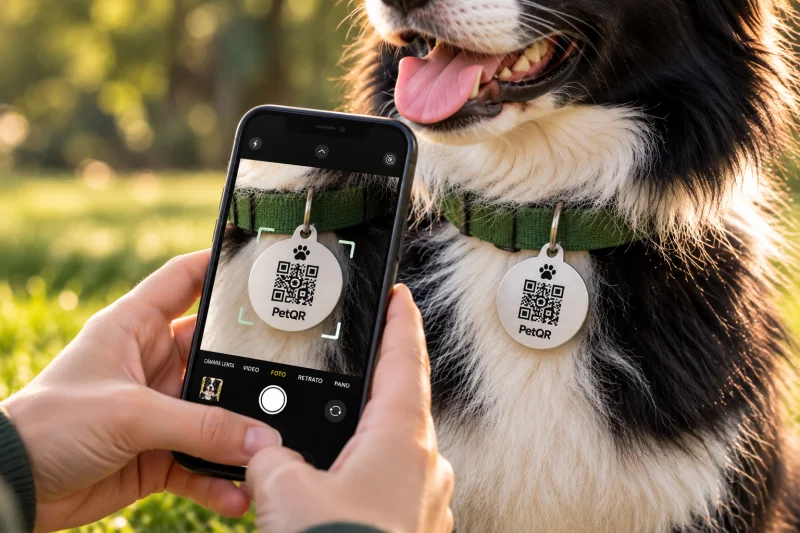 Una persona apunta la cámara de su celular al QR de la chapita del Border Collie